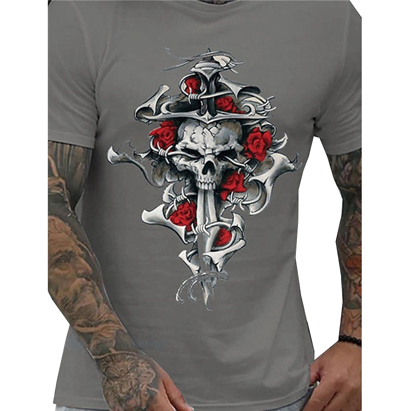 Men's Gothic Skull & Roses Graphic T-Shirt - Edgy Barbed Wire Anchor Tee Short Sleeve4