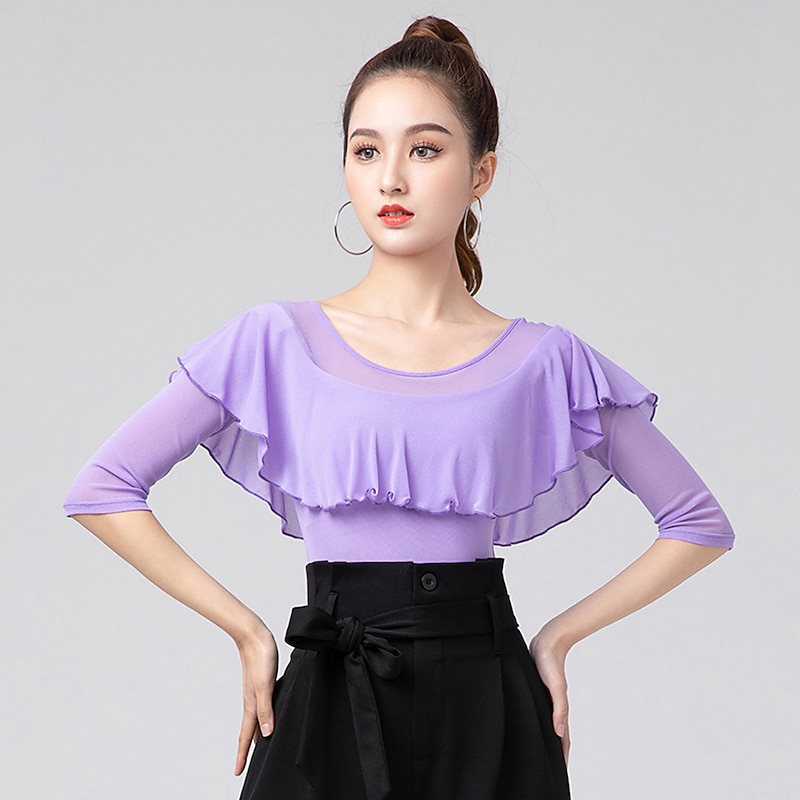 Latin Dance Activewear Leotard / Onesie Ruffles Ruching Pure Color Women's Performance Training Half Sleeve High Cotton Blend4