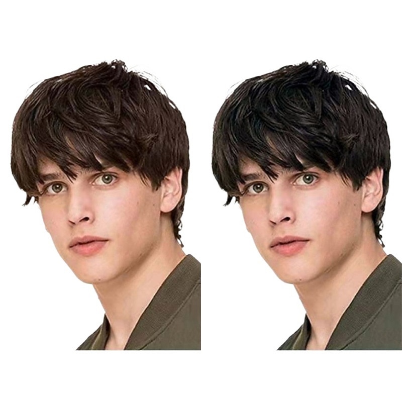 Men's Wig Short Straight Hair Brown Short Hair Fluffy Black Short Curly Hair Oblique Fringe Fringe Fringe2