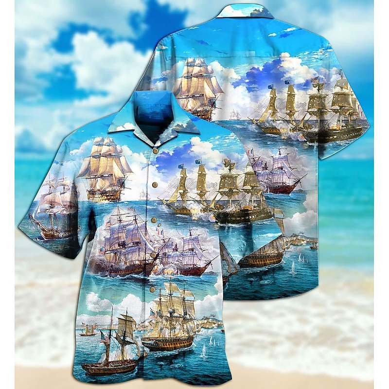 Men's Boat Seascape Pattern Shirt Summer Hawaiian Shirt Aloha Shirt Short Sleeve Shirt Cuban Collar Tropical Fashion Streetwear Casual Hawaiian Holiday Black White Yellow S M L2