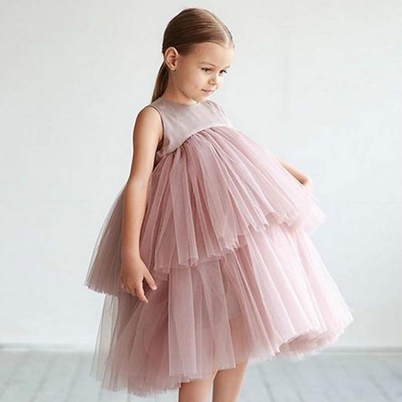 Kids Girls' Party Dress Solid Color Sleeveless Wedding Mesh Princess Sweet Polyester Knee-length Skater Dress Summer Spring 3-10 Years Black White Pink3
