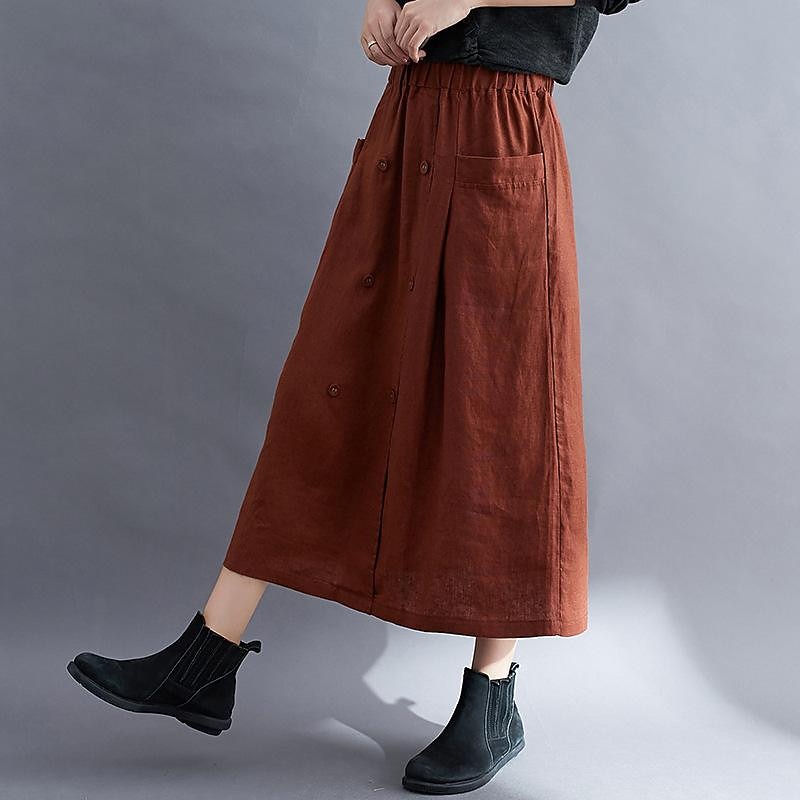 Women's Skirt A Line Long Skirt Linen Skirts coastal grandma style Basic Casual Long Midi Skirts Solid Colored Pocket Split Ends Street Daily Black Brown Green Apricot Spring & Summer Cotton Linen3
