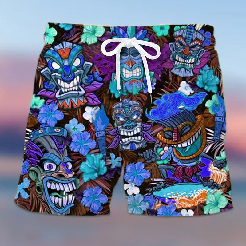 Men's Mask Flower / Plants Swimming Trunks Board Shorts Swim Shorts Mid Waist Hawaiian Ethnic Boho Casual Daily Holiday Drawstring with Mesh lining Elastic Waist Designer Clothing Apparel3