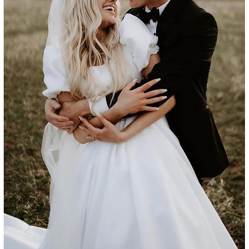 Formal Wedding Dresses Ball Gown Square Neck Short Sleeve Chapel Train Satin Bridal Gowns With Solid Color4