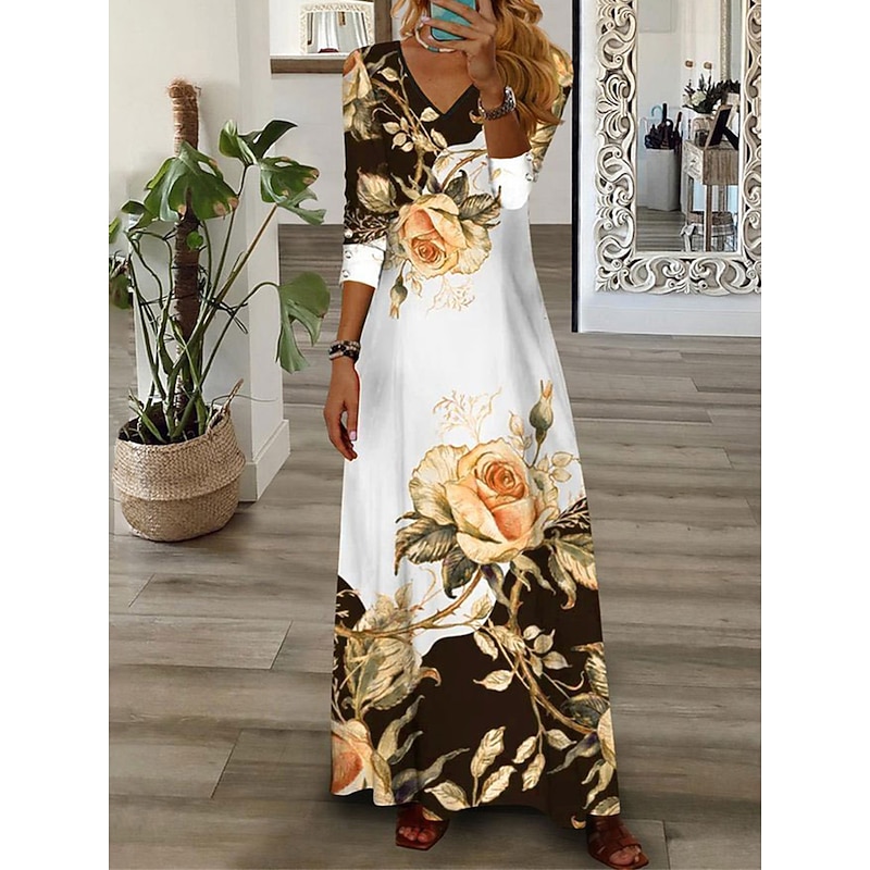 Women's Maxi Dress Casual Dress Floral Print V Neck Maxi long Dress Casual Daily Vacation 3/4 Length Sleeve Summer Spring2