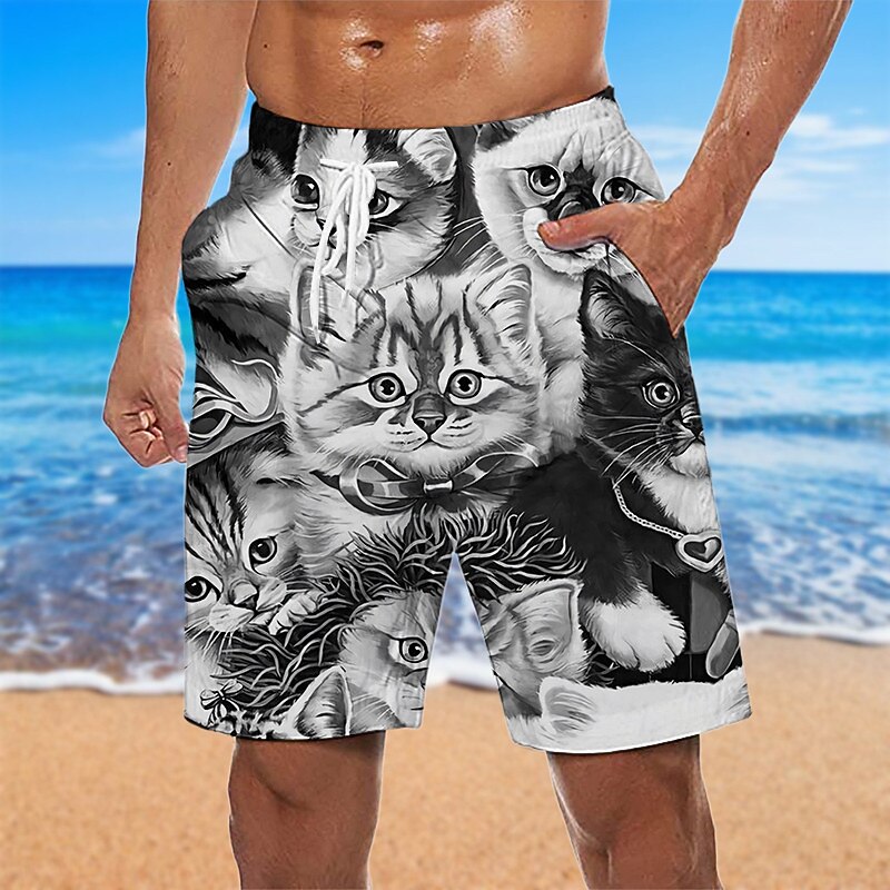 Men's Graphic Animal Cat Swim Trunks Swim Shorts Board Shorts Mid Waist Hawaiian Designer Boho Casual Daily Holiday Drawstring with Mesh lining Elastic Waist Designer Clothing Apparel2