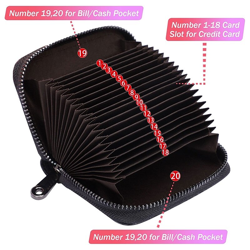 RFID 20 Card Slots Credit Card Holder Genuine Leather Small Card Case for Women or Men Accordion Wallet with Zipper2