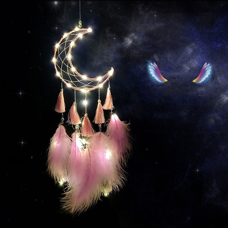 Dream Catcher Moon Shaped with Fairy Lights for Bedroom Wall Hanging Decoration Girl Heart Dream Bedroom Decorations Creative Lights Christmas Wedding Living Room Balcony Ramadan Eid Festival Decorations3