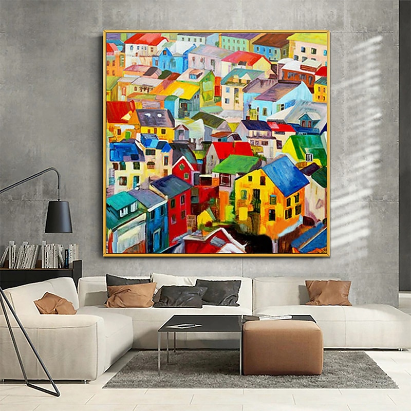 Handmade Oil Painting Canvas Wall Art Decoration Modern Abstract Village Colorful House Home Living Room Decor Rolled Frameless Unstretched Painting