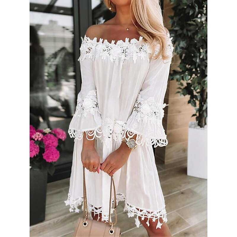 Women's Midi Dress White Dress Lace Dress Shift Dress Summer Dress Fashion Basic Modern Outdoor Vacation Daily Loose Fit Plain 3/4 Length Sleeve Off Shoulder White Summer Spring