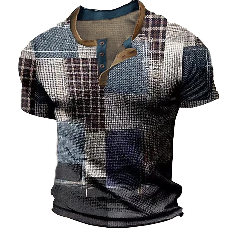 Men's Graphic Color Block Plaid Checkered Waffle Henley Shirt Tee Short Sleeve 3D Print Fashion Designer Basic Outdoor Casual Daily Summer Blue Henley Henley T-Shirt