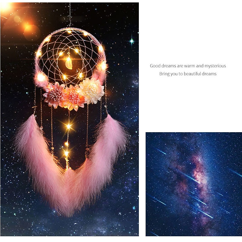 LED Dream Catcher Wall Decor Battery Powered Creative Weaving Feathers Wind Chime Lights Home Bedroom Girl Room Decoration Lamp Best Birthday Gift for Friends3