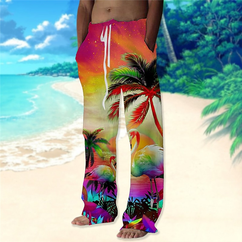 Men's Trousers Summer Pants Beach Pants Drawstring Elastic Waist Straight Leg Animal Coconut Tree Graphic Prints Comfort Casual Daily Holiday Streetwear Hawaiian Red Blue2