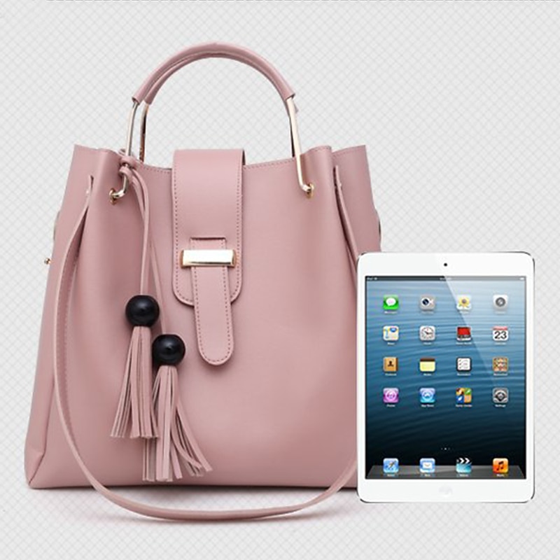 Women's 3-Piece Handbag Set - Pink Faux Leather Tote, Shoulder Bag, and Chain Clutch with Tassel Detail for Elegant and Casual Use3