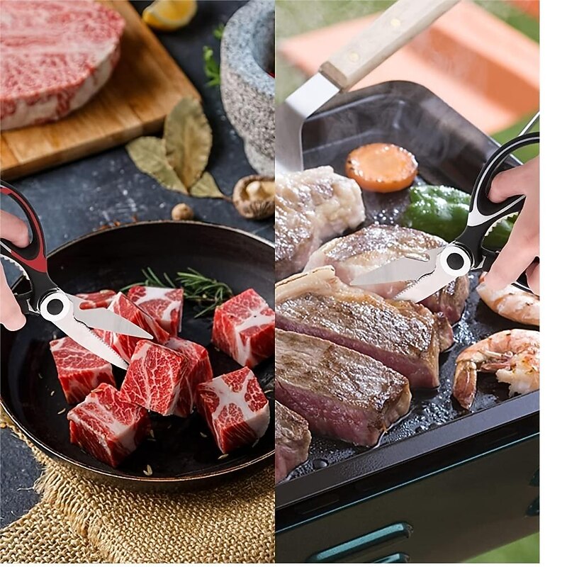 1pc BBQ Scissors, Sharp Kitchen Scissors, Stainless Steel Multipurpose Shears For Meat Cutting, Kitchen Supplies4