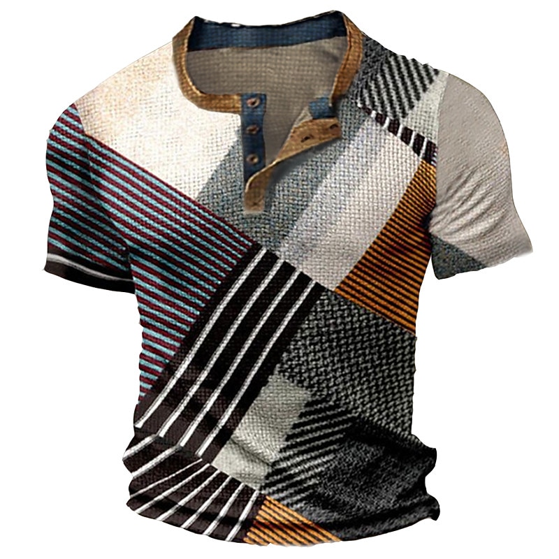Men's Graphic Color Block Waffle Henley Shirt Tee Vintage Shirt Short Sleeve 3D Print Fashion Designer Comfortable Outdoor Casual Daily Summer Black Blue Sky Blue Brown Gray Henley Henley T-Shirt