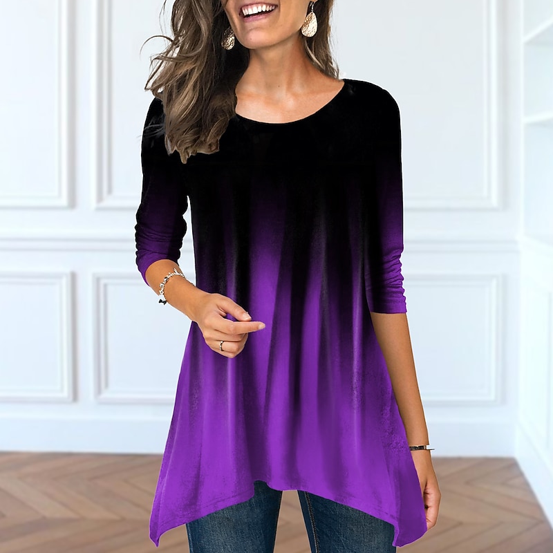 Women's Tunic T Shirt Color Gradient Tunic Basic Long Sleeve Round Neck Long Tops Daily Weekend Print Flowing tunic Pink Blue Purple Green Fall & Winter4