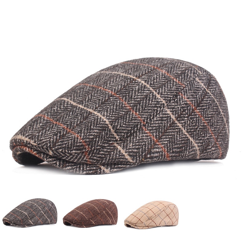 Men's Flat Cap Tweed Cap Brown Beige Cotton Streetwear Stylish 1920s Fashion Outdoor Daily Going out Stripe Warm