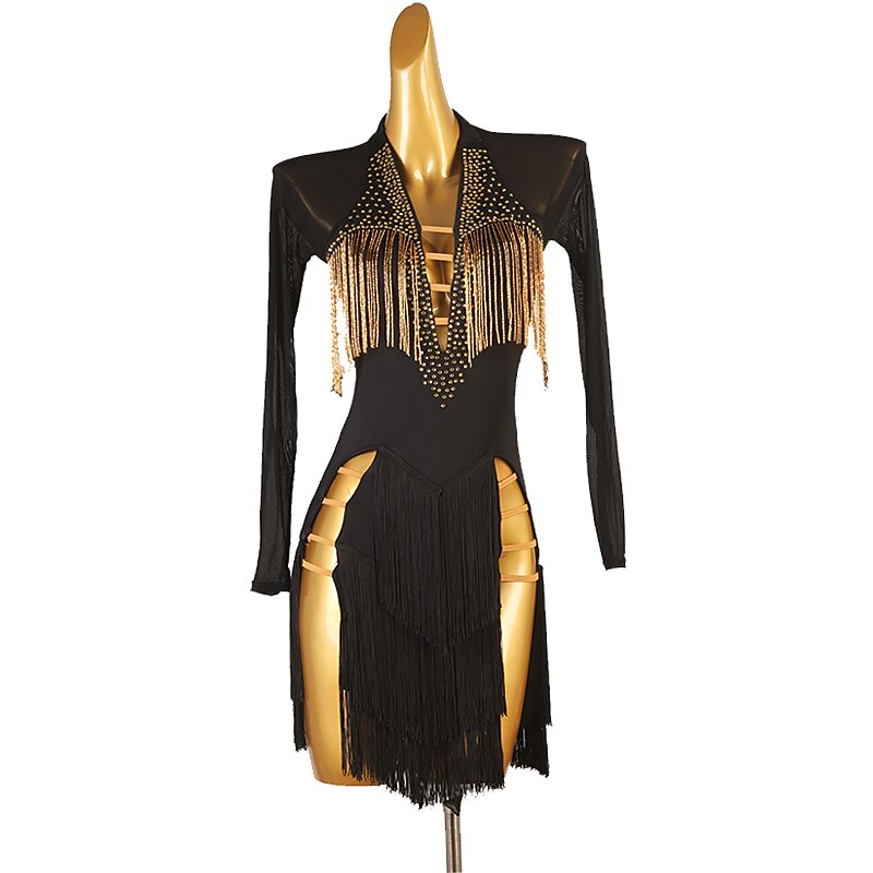 Latin Dance Dress Fringed Tassel Split Joint Crystals / Rhinestones Women's Performance Training Long Sleeve Chinlon Mesh