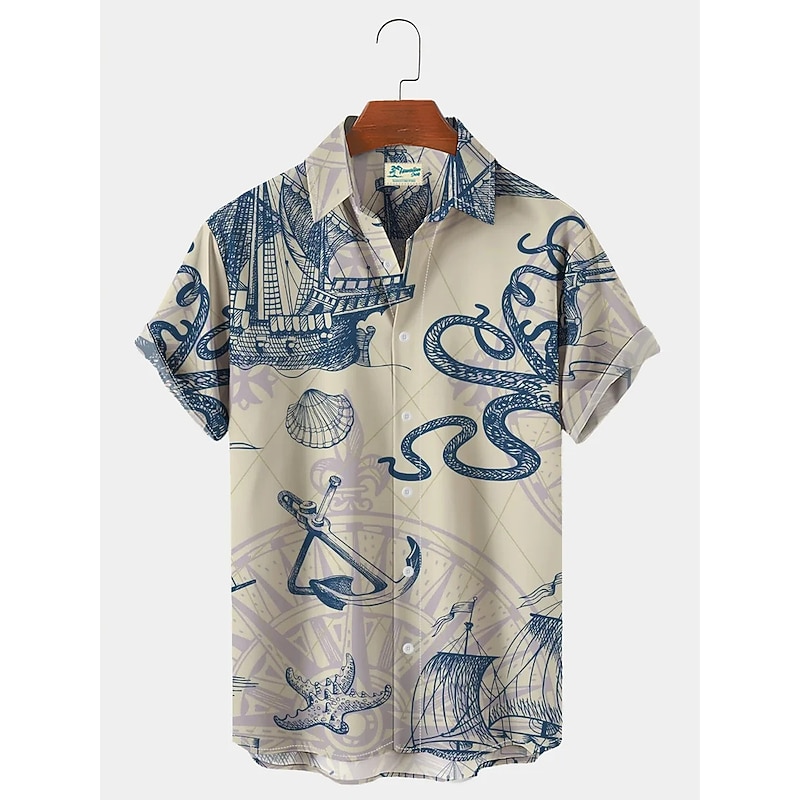 Men's Mermaid Anchor Shirt Button Up Shirt Short Sleeve Vintage Fashion Designer Outdoor Daily Holiday Summer Spring Turndown Print Button-Down Black+Black White Blue Sky Blue Green3