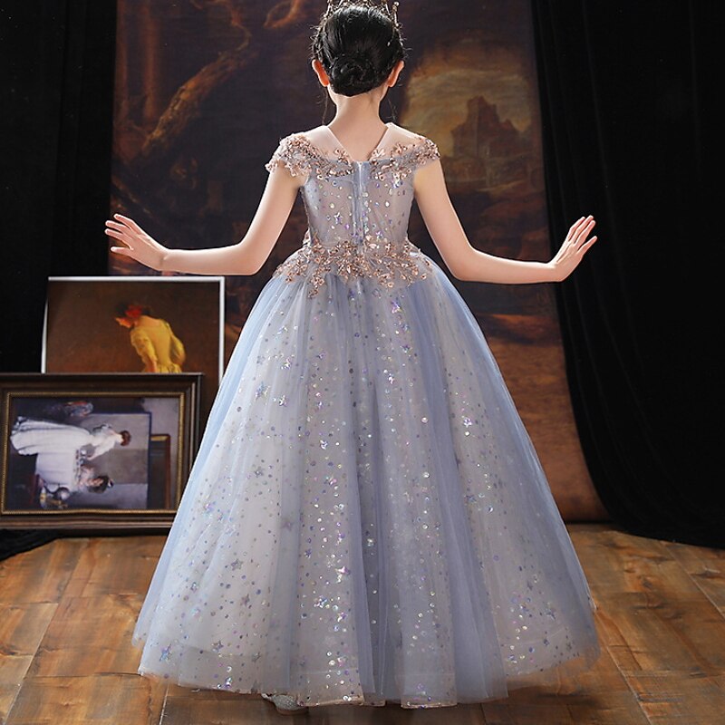 Kids Girls' Flower Girl Dress Party Dress Sequin Short Sleeve Performance Wedding Party Sequins Elegant Sweet Cotton Maxi Party Dress A Line Dress Flower Girl's Dress Summer Spring 3-12 Years Blue3