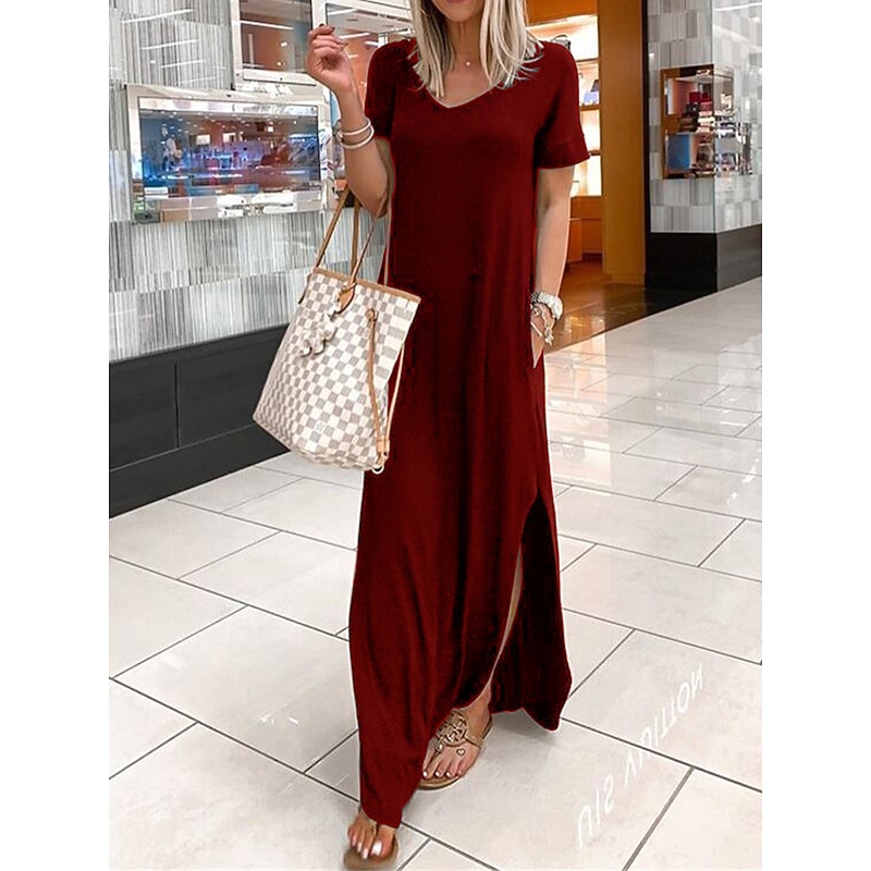 Women's Long Dress Maxi Dress Maxi Dress Black Dress Casual Dress Cocktail Dress Formal Dress Basic Casual Outdoor Daily Going out Regular Fit Plain Short Sleeve V Neck Black Wine Blue Summer Spring3