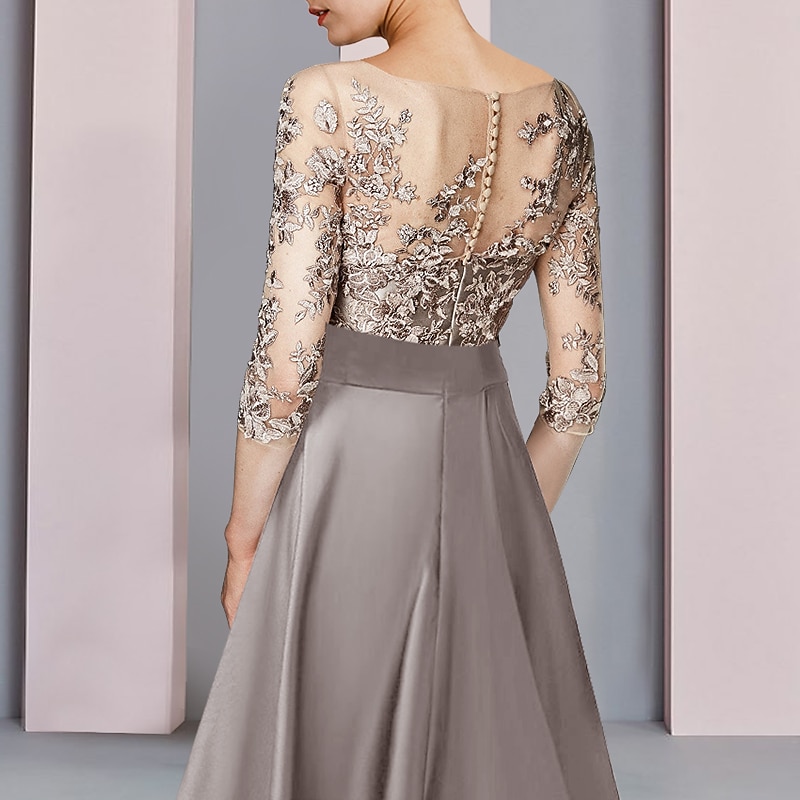 A-Line Mother of the Bride Dress Wedding Guest Elegant Party Scoop Neck Tea Length Satin Lace Half Sleeve with Bow(s) Appliques4