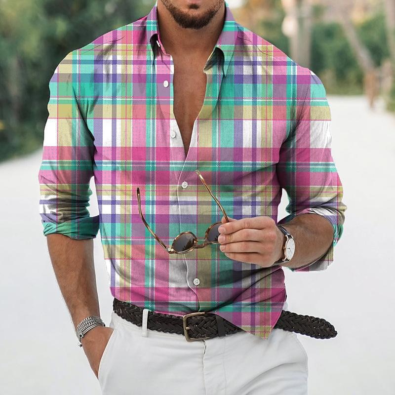 Men's Plaid Geometric Pattern Shirt Button Up Shirt Long Sleeve Sports Fashion Streetwear Outdoor Casual Daily Fall & Winter Turndown Print Button-Down Yellow Pink Blue Green3