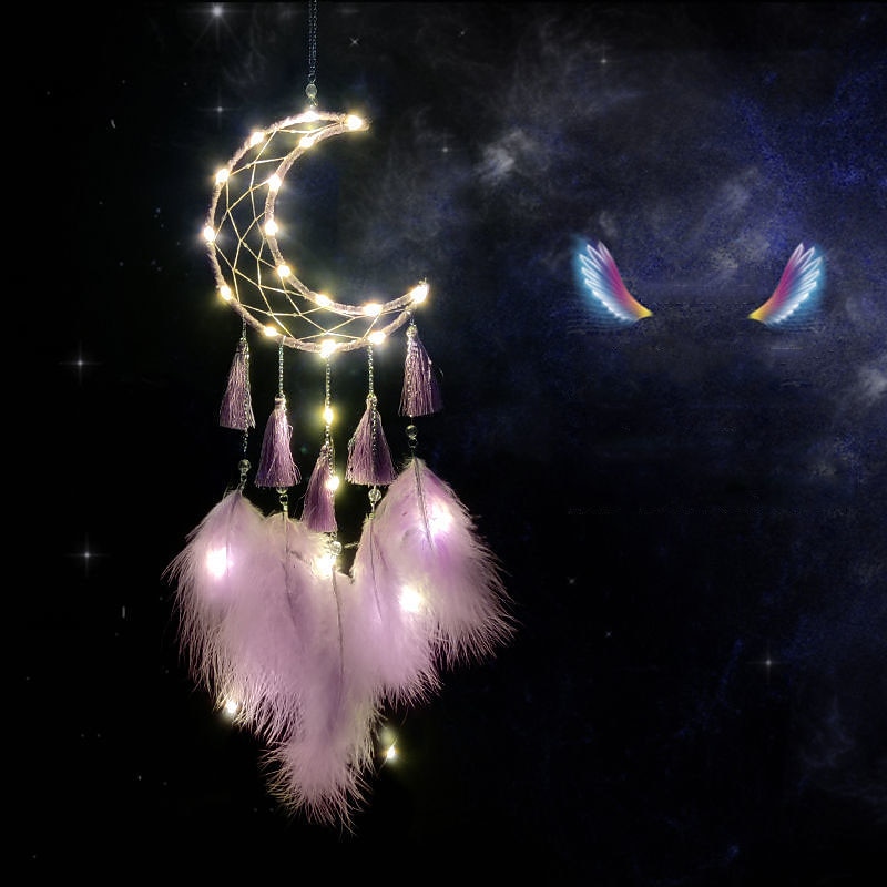 Dream Catcher Moon Shaped with Fairy Lights for Bedroom Wall Hanging Decoration Girl Heart Dream Bedroom Decorations Creative Lights Christmas Wedding Living Room Balcony Ramadan Eid Festival Decorations2