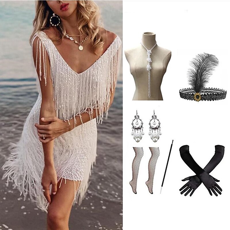 Tassel Vintage Inspired Short Length Flapper Dress Dress Outfits Sleeveless Wedding Guest Tassel Fringe Solid Colored Tassel V Neck Fancy Dress Women's Halloween Masquerade Casual Daily Party2