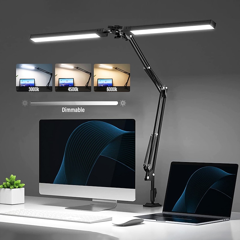 LED Reading Desk Lamp 24W Folding Swing Arm Desk Lamp with Clamp Dimmable Suitable for Workbench Home Eye Care Office Study Shustar