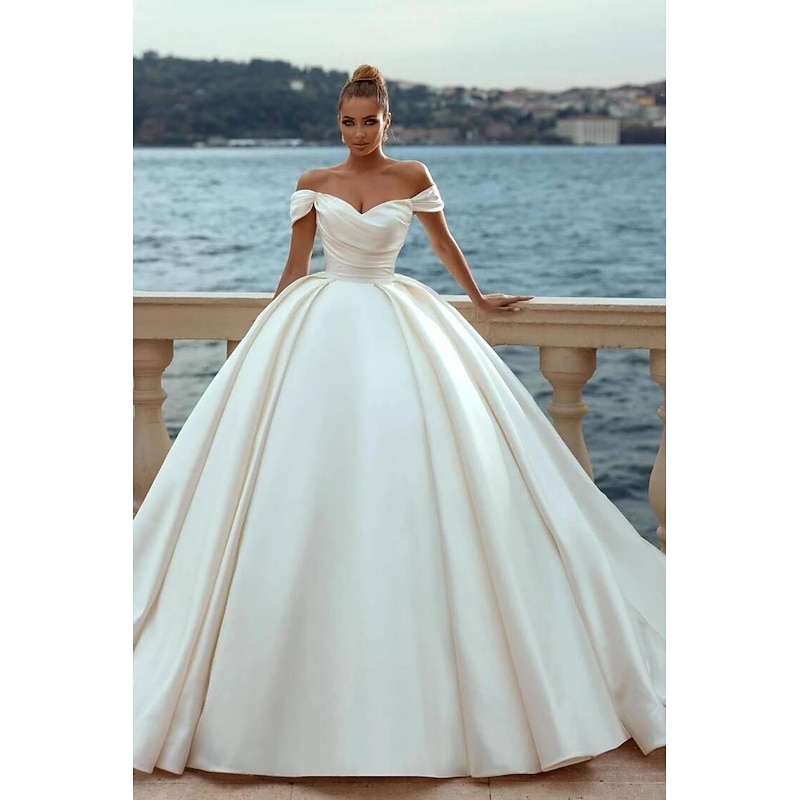 Engagement Formal Wedding Dresses Ball Gown Off Shoulder Cap Sleeve Court Train Satin Bridal Gowns With Ruched Solid Color2