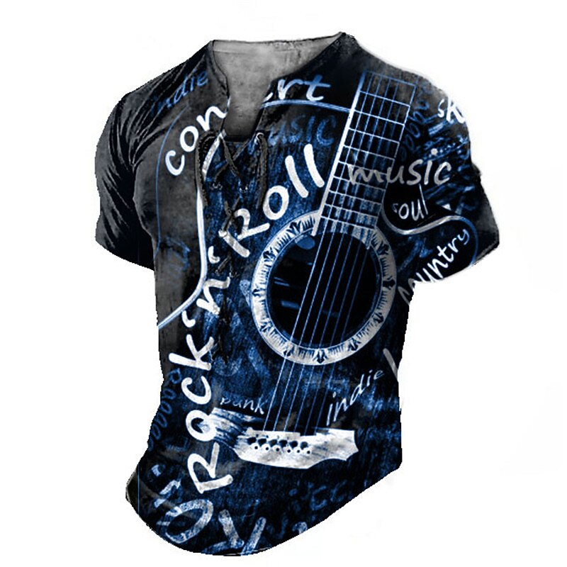 Rock N Roll Guitar Mens Graphic Shirt And 3D Red Summer Cotton Henley Tee Musical Instrument Clothing Apparel Print Daily Sports Short Sleeve Concert2