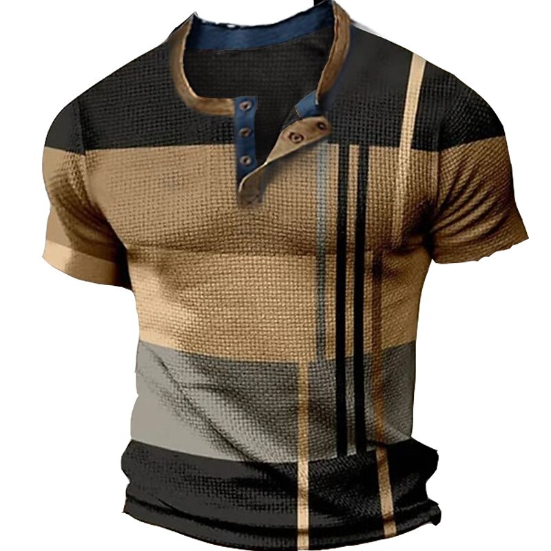 Men's Graphic Color Block Waffle Henley Shirt Tee Short Sleeve 3D Print Fashion Designer Comfortable Outdoor Casual Daily Summer Brown Henley Henley T-Shirt