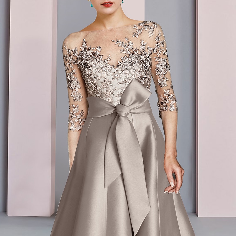 A-Line Mother of the Bride Dress Wedding Guest Elegant Party Scoop Neck Tea Length Satin Lace Half Sleeve with Bow(s) Appliques2