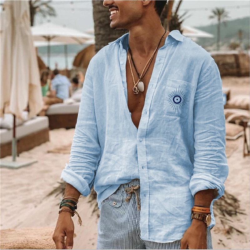 Men's Linen Shirt Summer Shirt Beach Shirt Designer Shirt Graphic Outdoor Street White Blue Green Khaki Long Sleeve Turndown Summer Spring Clothing Apparel Print4