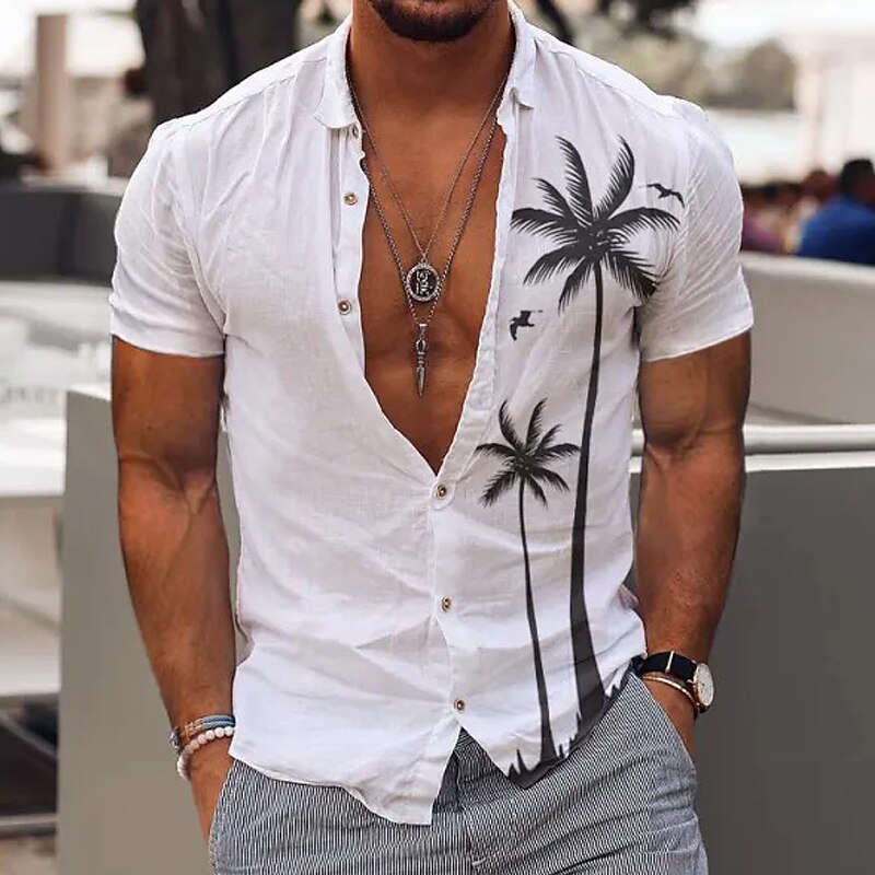 Men's Coconut Tree Tropical Plants Summer Hawaiian Shirt Aloha Shirt Short Sleeve Shirt Turndown Fashion Comfortable Vacation Casual Daily White Blue Khaki S M L