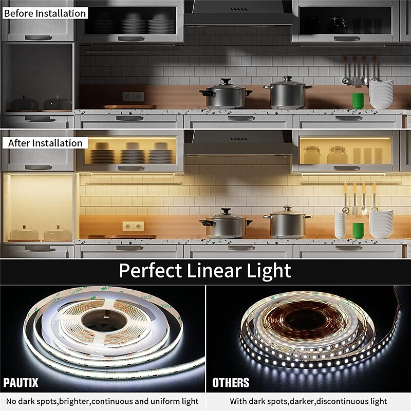 COB LED Strip Light White CCT Tunable 3200LEDsCRI90 16.4ft/5m Dimmable 2700K-6500K 24V LED Tape Lights Kit with UL-Listed Power Supplyfor Under Cabinet Bedroom Kitchen TV Mirror DIY Lighting2