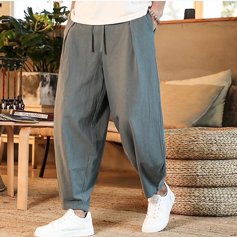 Men's Linen Pants Trousers Summer Pants Beach Pants Pleated Pants Drawstring Elastic Waist Plain Comfort Outdoor Daily Holiday Fashion Casual Gray Green Black Inelastic