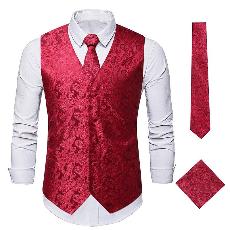 Men's Vest Tie Set Paisley Floral Jacquard Necktie Pocket Square 3PCS Waistcoat Retro Vintage Rococo for Suit or Tuxedo Wedding Party Masquerade4