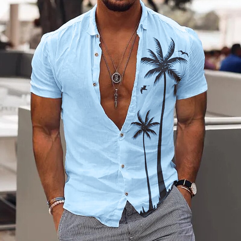 Men's Coconut Tree Tropical Plants Summer Hawaiian Shirt Aloha Shirt Short Sleeve Shirt Turndown Fashion Comfortable Vacation Casual Daily White Blue Khaki S M L3