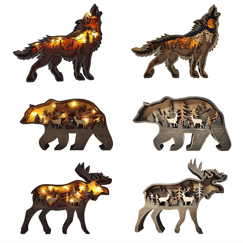 Wooden Animal Ornaments Led Light 3D Hollow Carving Home Room Decor Figurines Crafts Office Desk Bedroom Decoration Accessories4