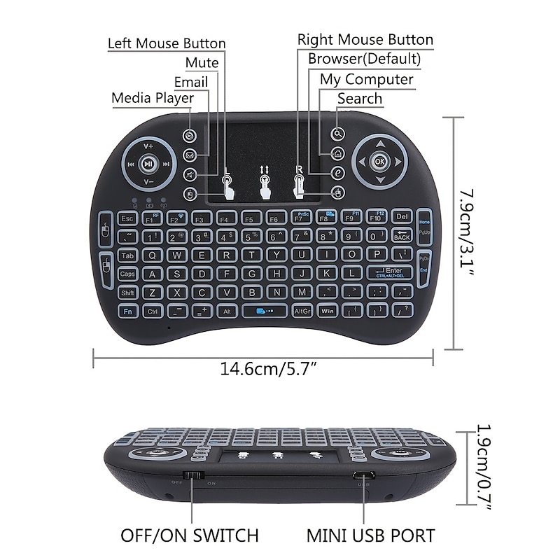 Mini Wireless Keyboard with Multi-touch Touchpad 7 Colors Backlight Wireless Touchable Remote Control for Smart TV Box Desktop Touchpad PC2
