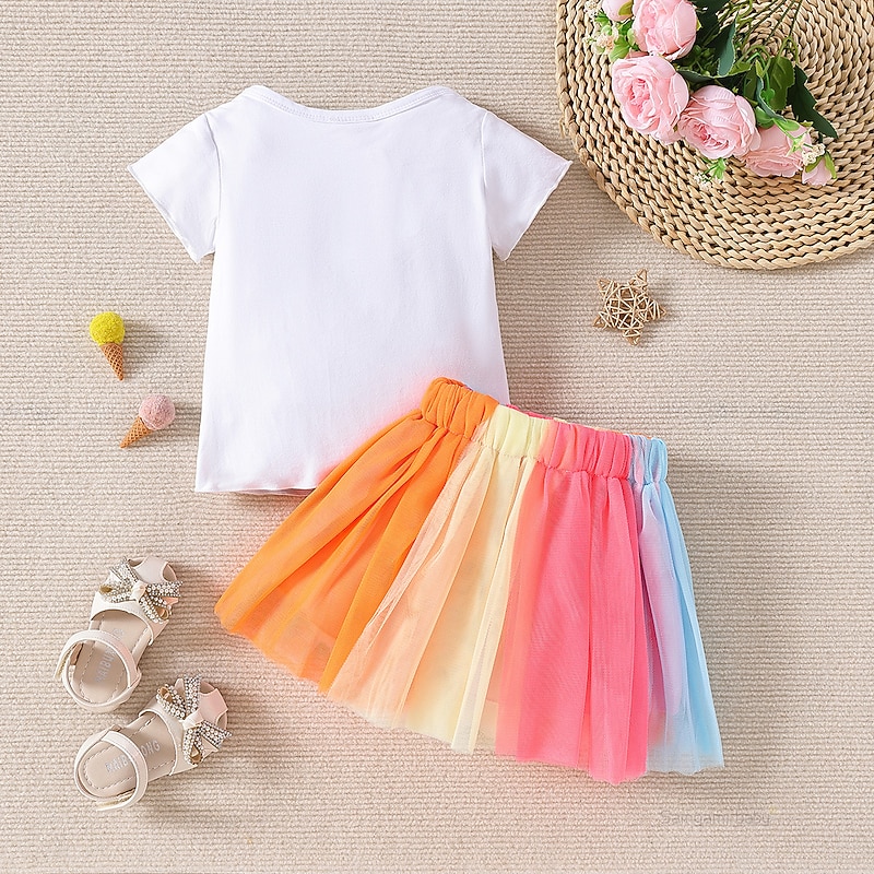 2 Pieces Toddler Girls' Letter Crewneck Skirt & Shirt Set Short Sleeve Fashion Outdoor Cotton 3-7 Years Summer Multicolor White3