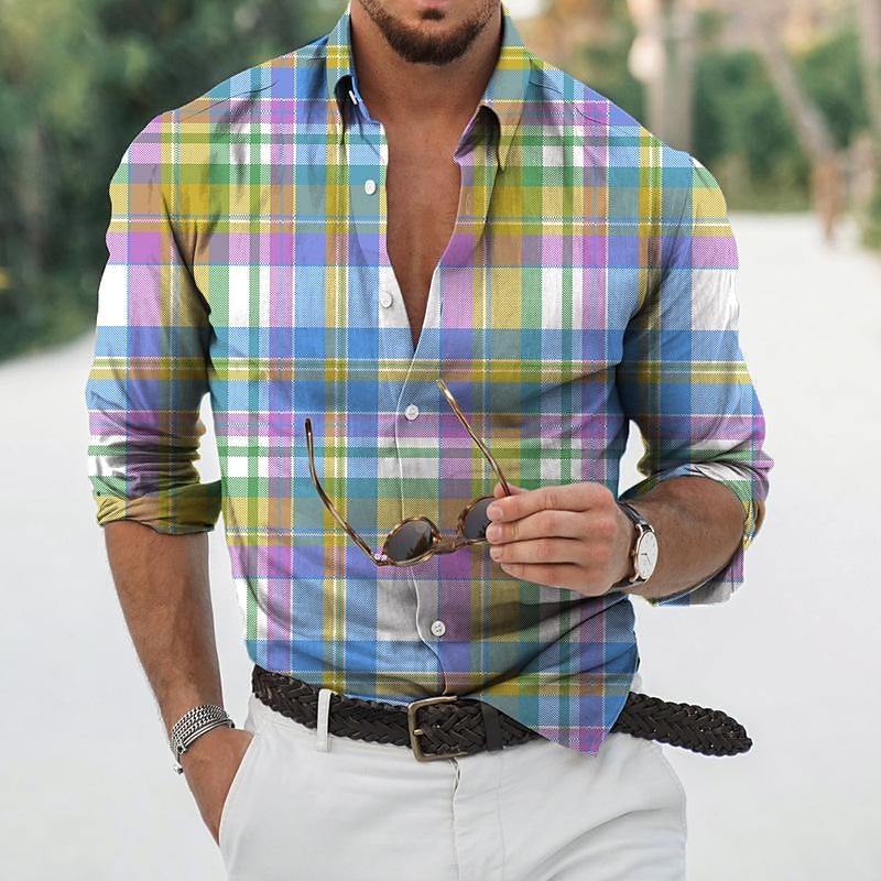 Men's Plaid Geometric Pattern Shirt Button Up Shirt Long Sleeve Sports Fashion Streetwear Outdoor Casual Daily Fall & Winter Turndown Print Button-Down Yellow Pink Blue Green2