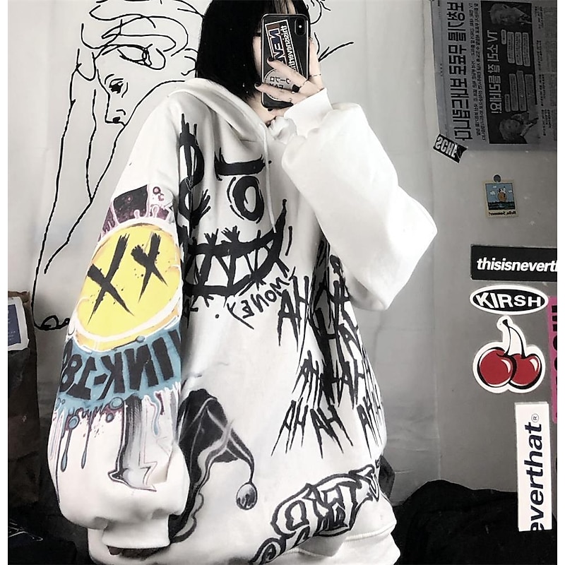 Smile Face Print Oversized Hoodie Sweater Punk Goth Hip-Hop Street BF Style Harajuku Women's Adults' Halloween Casual Daily