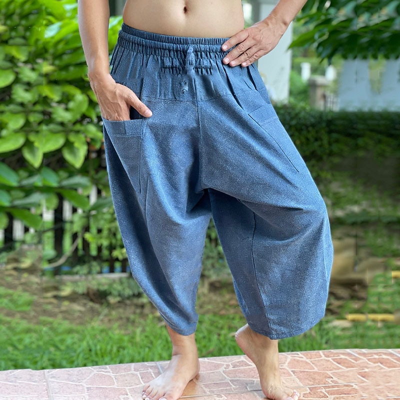 Men's Linen Pants Trousers Summer Pants Beach Pants Drawstring Elastic Waist Drop Crotch Plain Comfort Breathable Outdoor Daily Streetwear Linen / Cotton Blend Stylish Casual Black Blue Micro-elastic