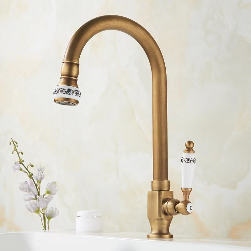 Kitchen Sink Faucet Retro Brass, 360 ° Swivel Single Handle Cold Taps One Hole Lever Ceramic Valve Tap Antique Vintage Bronze4