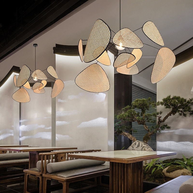 LED Pendant Light Rattan Chandelier Handmade Bamboo Art Hanging Lamp Kitchen Island Pendant Lamp, Creative Leaf Grid Rural Garden Rattan Lamp Simple Lighting3