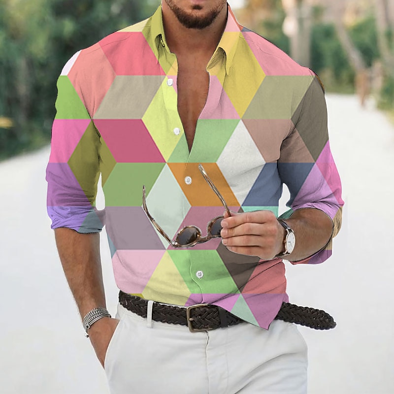 Men's Geometric Pattern Geometry Argyle Shirt Button Up Shirt Long Sleeve Tropical Fashion Designer Outdoor Casual Daily Fall & Winter Turndown Print Button-Down Yellow Light Green Pink Dusty Rose - Main Image